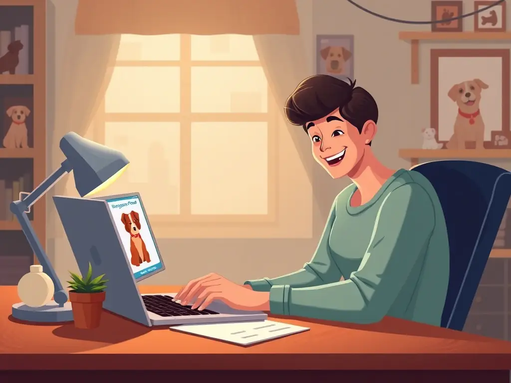 A heartwarming image of a person virtually sponsoring a rescue dog on a laptop, showcasing the impact of online donations and support.