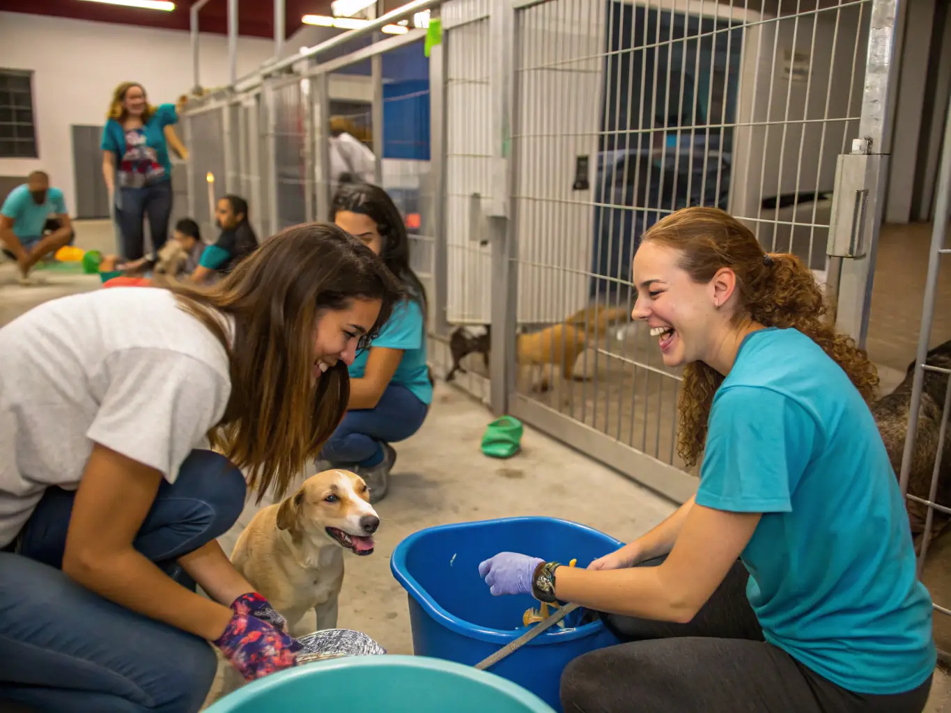 A cheerful photo of volunteers interacting with dogs at a local animal shelter, emphasizing the importance of hands-on help and community involvement.