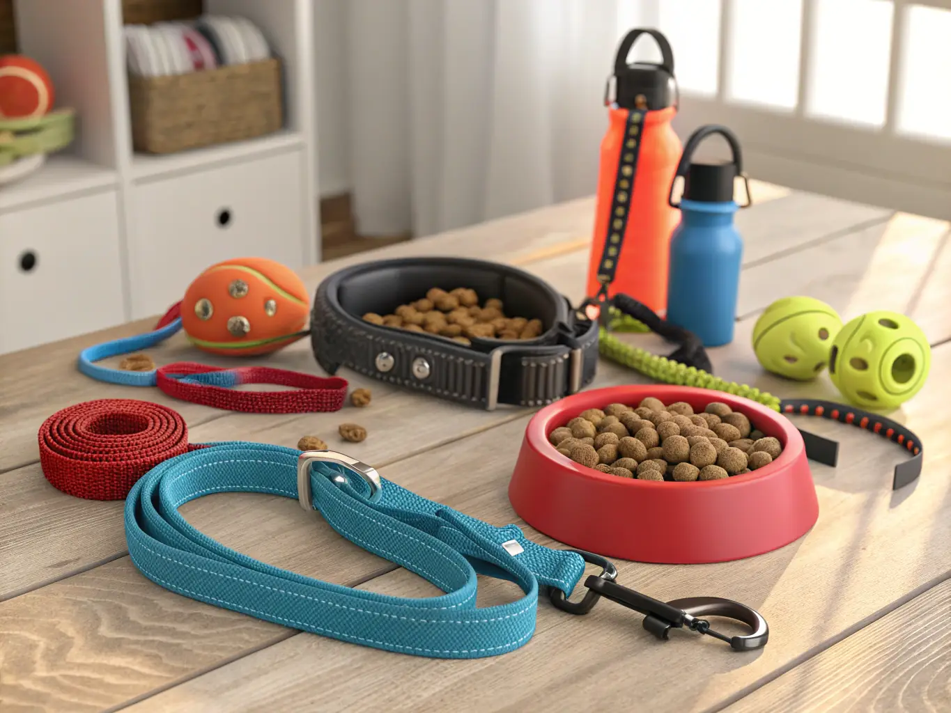 A visually organized image of a foster dog supply wish list, featuring items like food bowls, leashes, toys, and cozy blankets, set against a bright and inviting background.